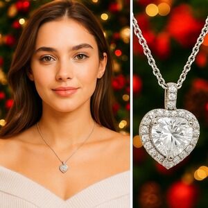 Moissanite Sterling Silver Heart .94 CTW Halo Pendant Necklace 18" $200 GIFT